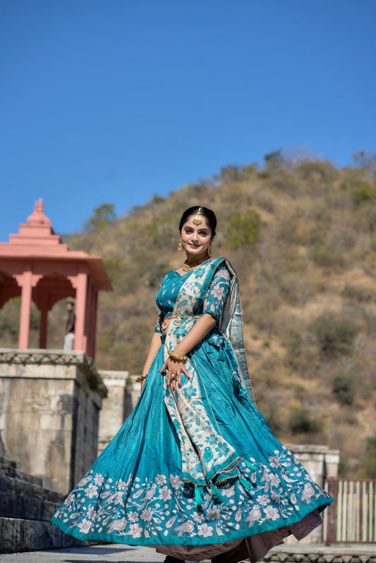 Cyan color silk lehenga choli for women online