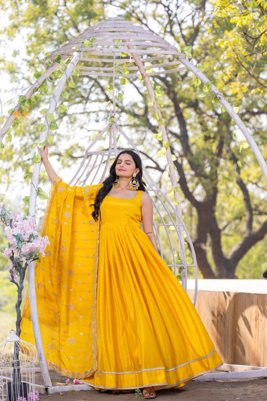 Yellow color chinon silk gown online