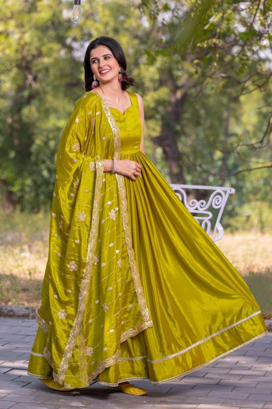 Parrot green color chinon silk long gown with dupatta online