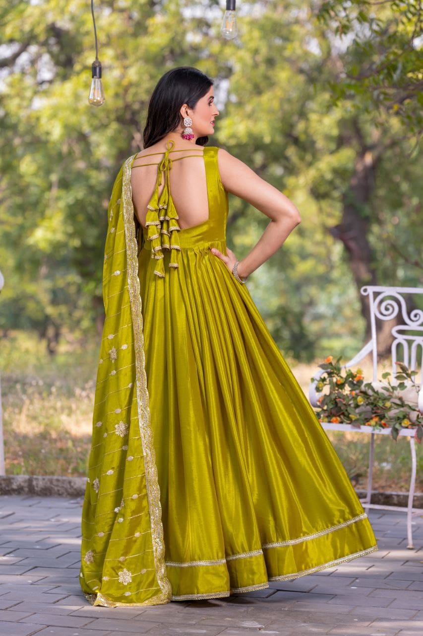Parrot green color chinon silk long gown with dupatta design