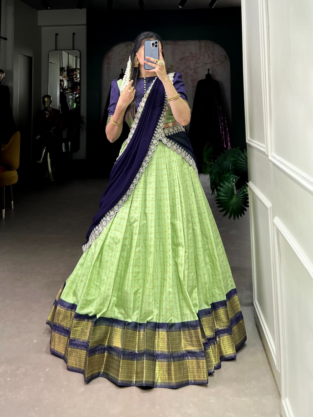 Pista color zari chex lehenga choli with dupatta price