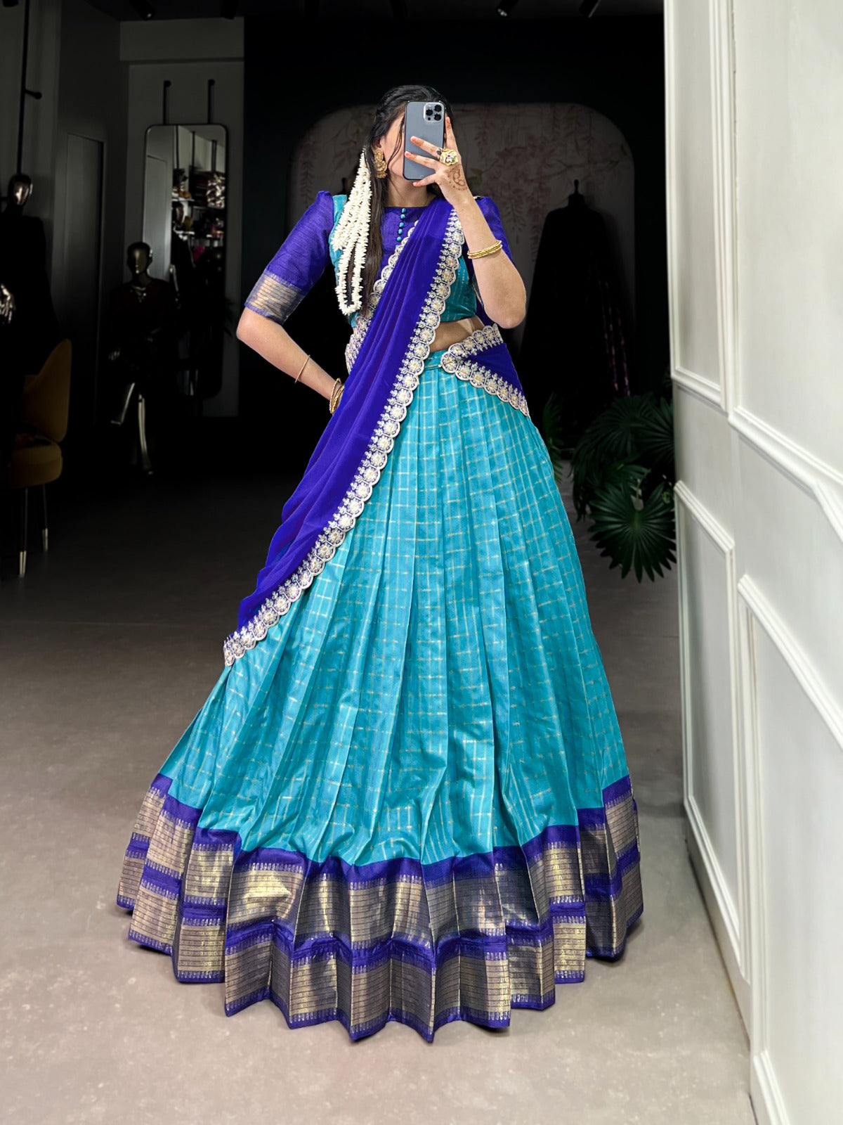 Blue color zari chex lehenga choli with dupatta images