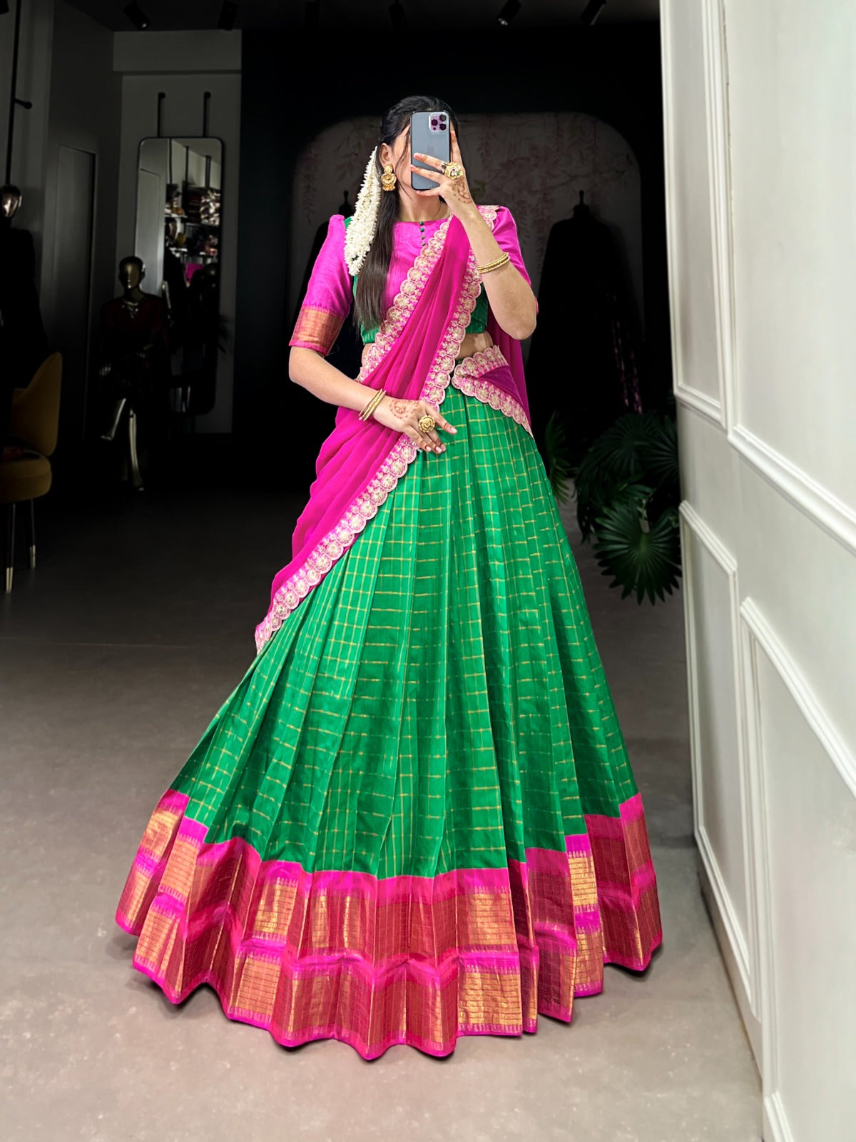 Green color zari chex lehenga choli with dupatta images