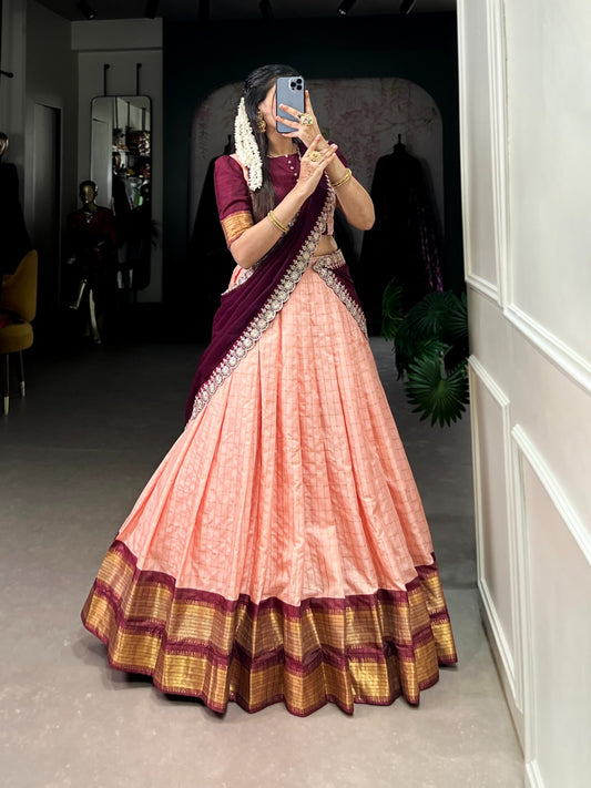 Peach color zari chex lehenga choli for wedding