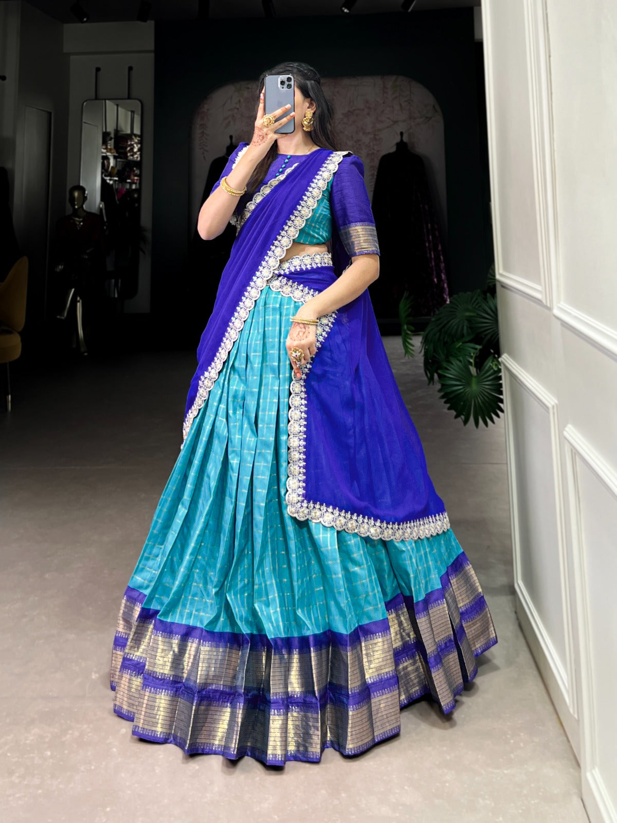 Blue color zari chex lehenga choli with dupatta online shopping