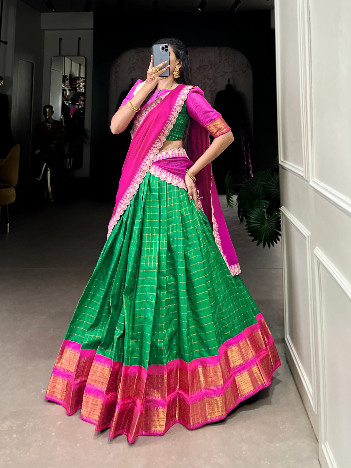 Green color zari chex lehenga choli with dupatta design