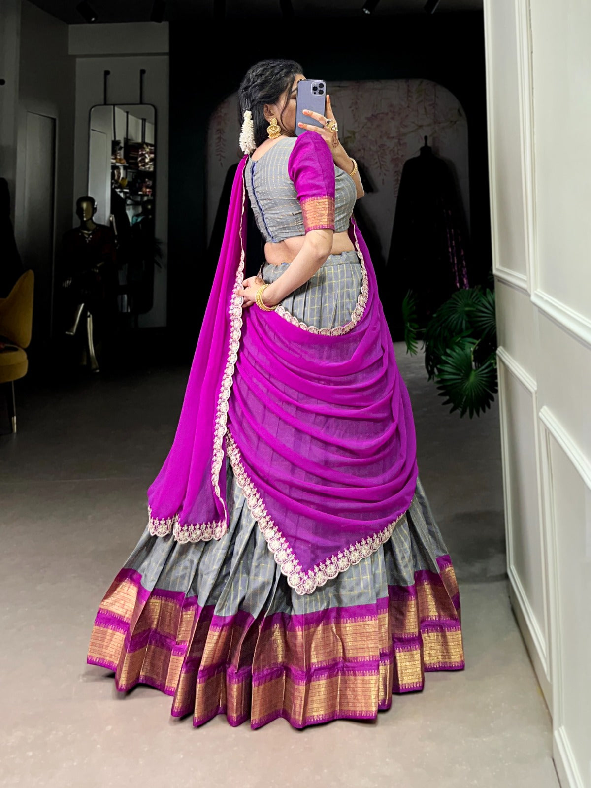 Grey color zari chex lehenga choli with dupatta for party