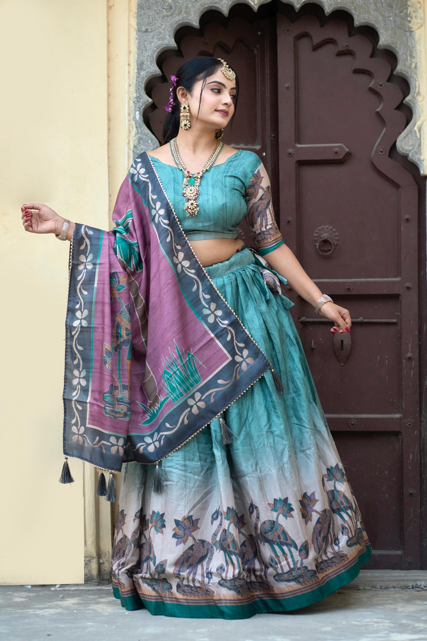 Rama color manipuri silk printed lehenga choli images