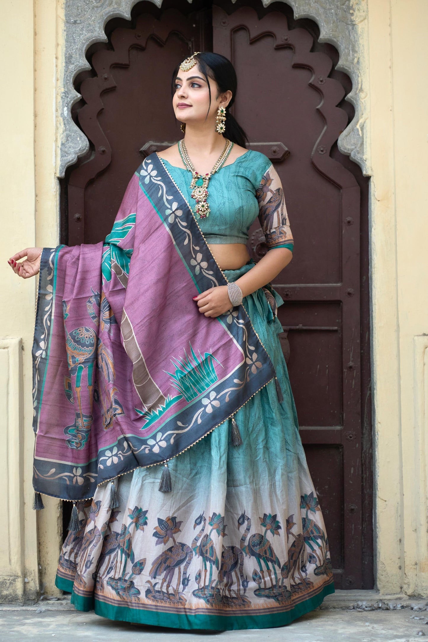 Rama color manipuri silk printed lehenga choli with dupatta