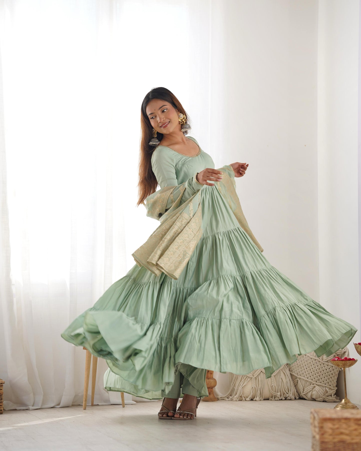 Pista color roman silk chanderi gown images