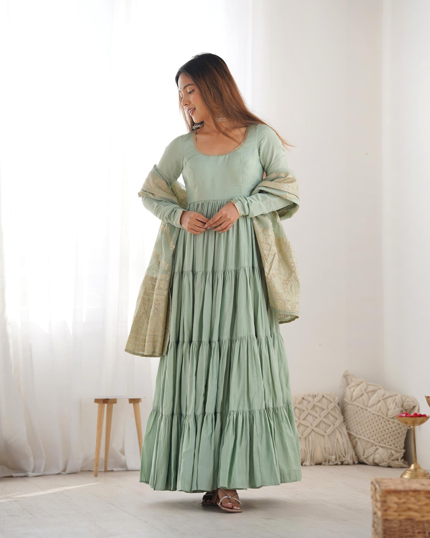 Pista color roman silk chanderi gown for women price