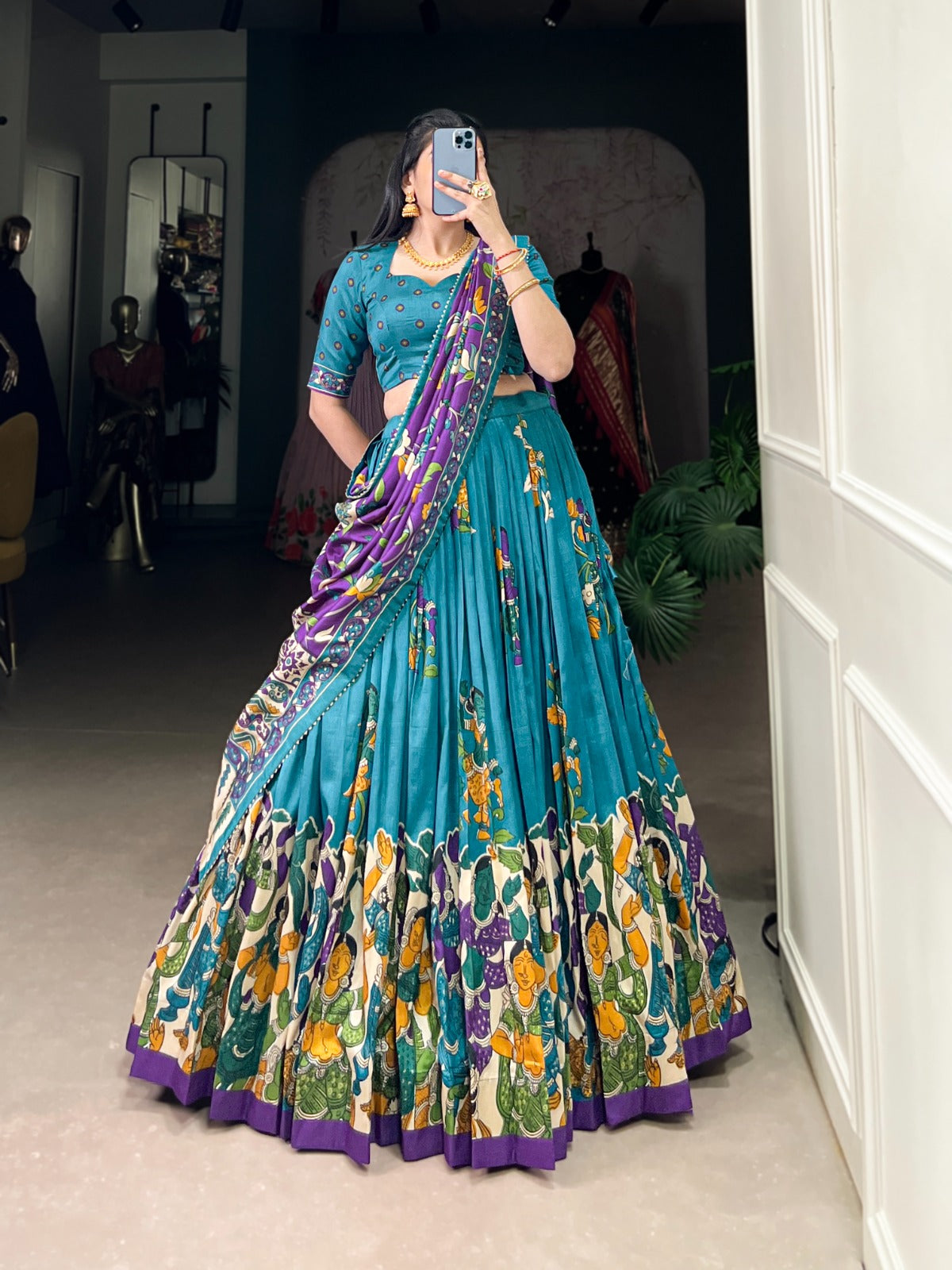 Firozi color tussar silk printed lehenga choli for women