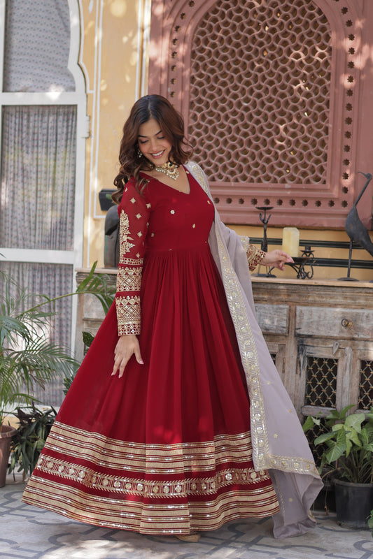 Red color faux blooming long gown with dupatta