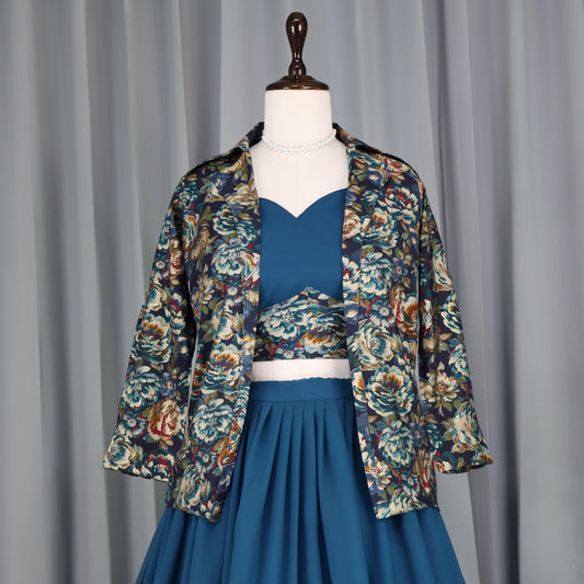 Rama color georgette prined lehenga with koti online shopping