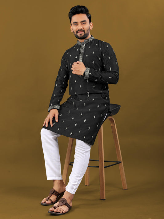 Black color matka silk mens kurta with pajama