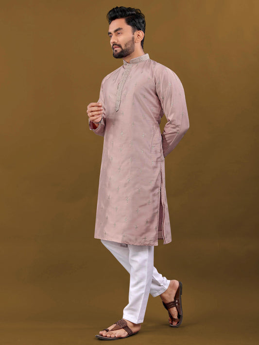 Pink color matka silk mens kurta with pajama online