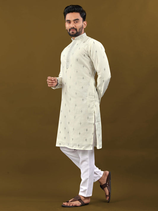 Off white matka silk men's kurta for party
