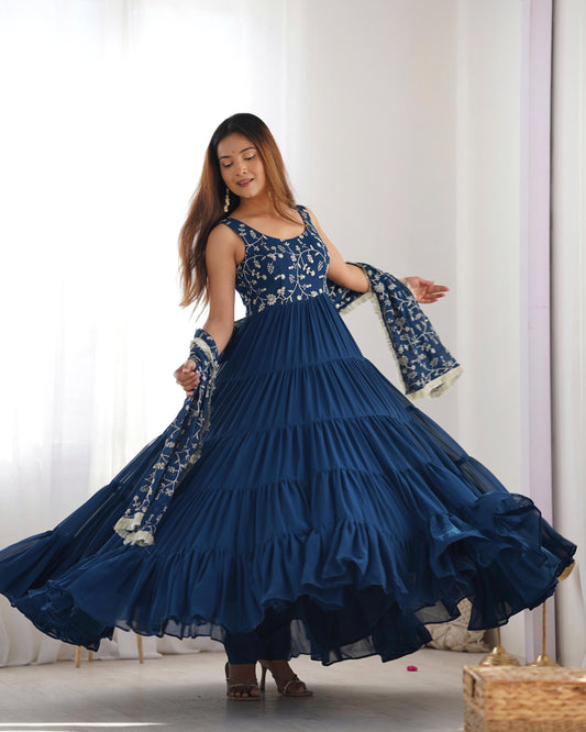 Teal blue color georgette long gown for women