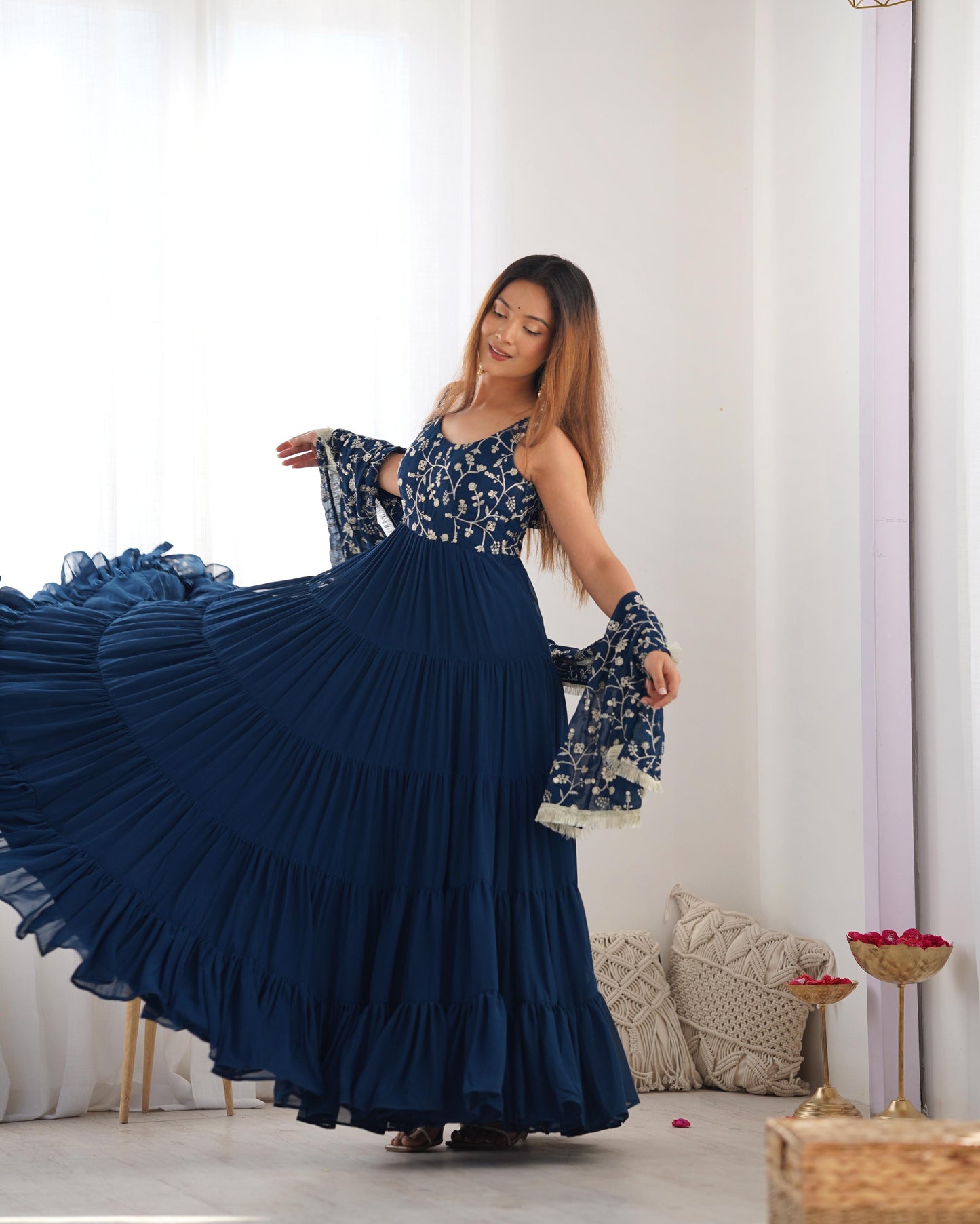 Teal blue color georgette stitched long gown design