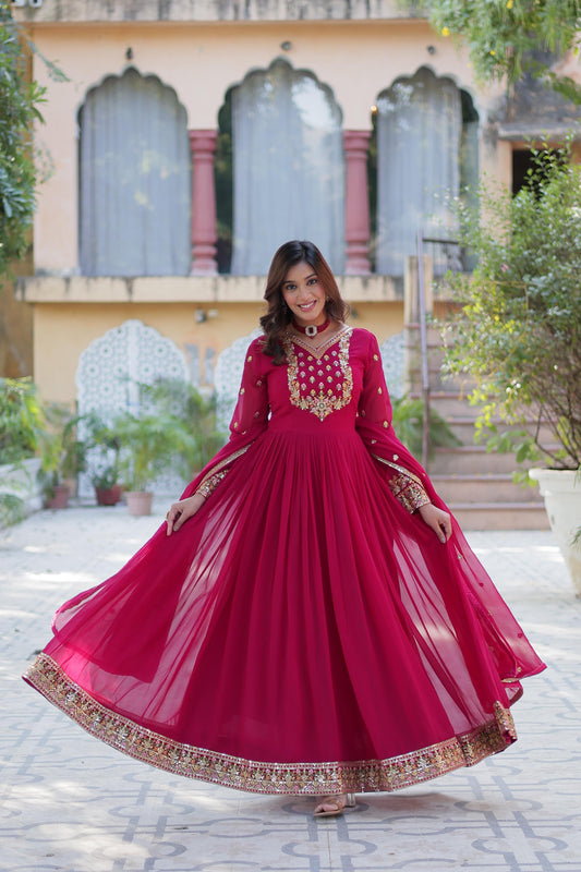 Pink color georgette sequins work gown with dupatta images