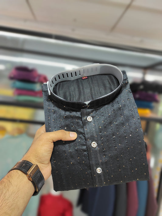 Black color Jacquard Silk men's kurta with pajama online