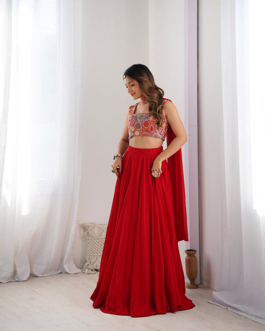 Red color georgette lehenga choli for wedding