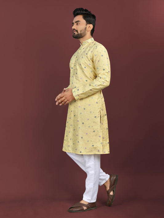Yellow color silky silk mens kurta with pajama online