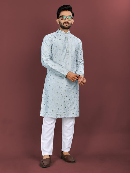 Sky color silky silk mens kurta with pajama online shopping