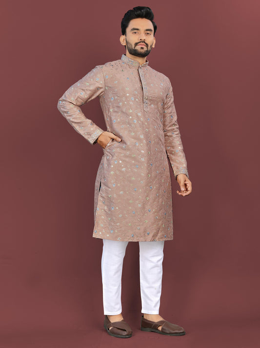 Brown color silky silk mens kurta with pajama online shopping