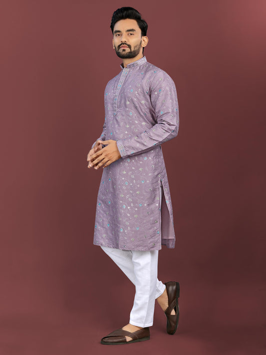 Purple color silky silk mens kurta with pajama online