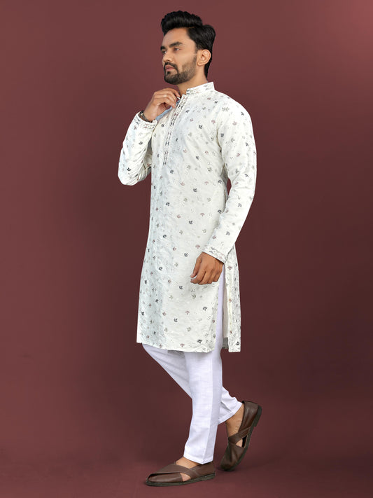 White color silky silk men's kurta with pajama online