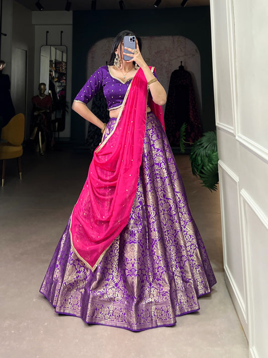 Purple color jacquard silk lehenga choli with dupatta price