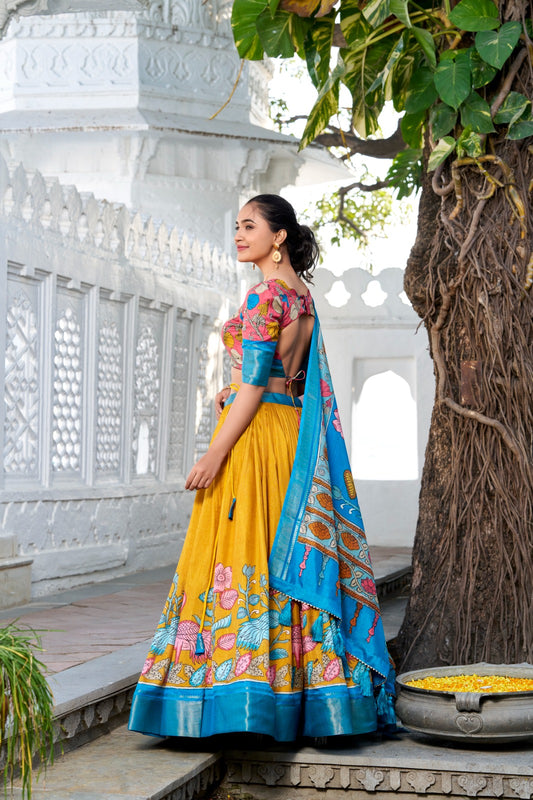 Yellow color dola silk printed lehenga choli price