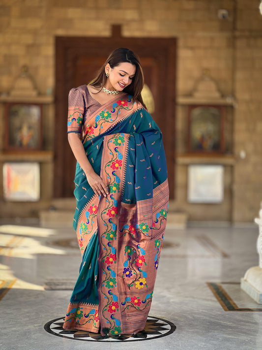 Rama color paithani silk saree with blouse