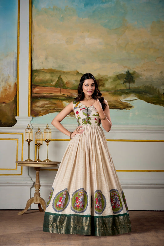Green color dola silk printed long gown with koti images