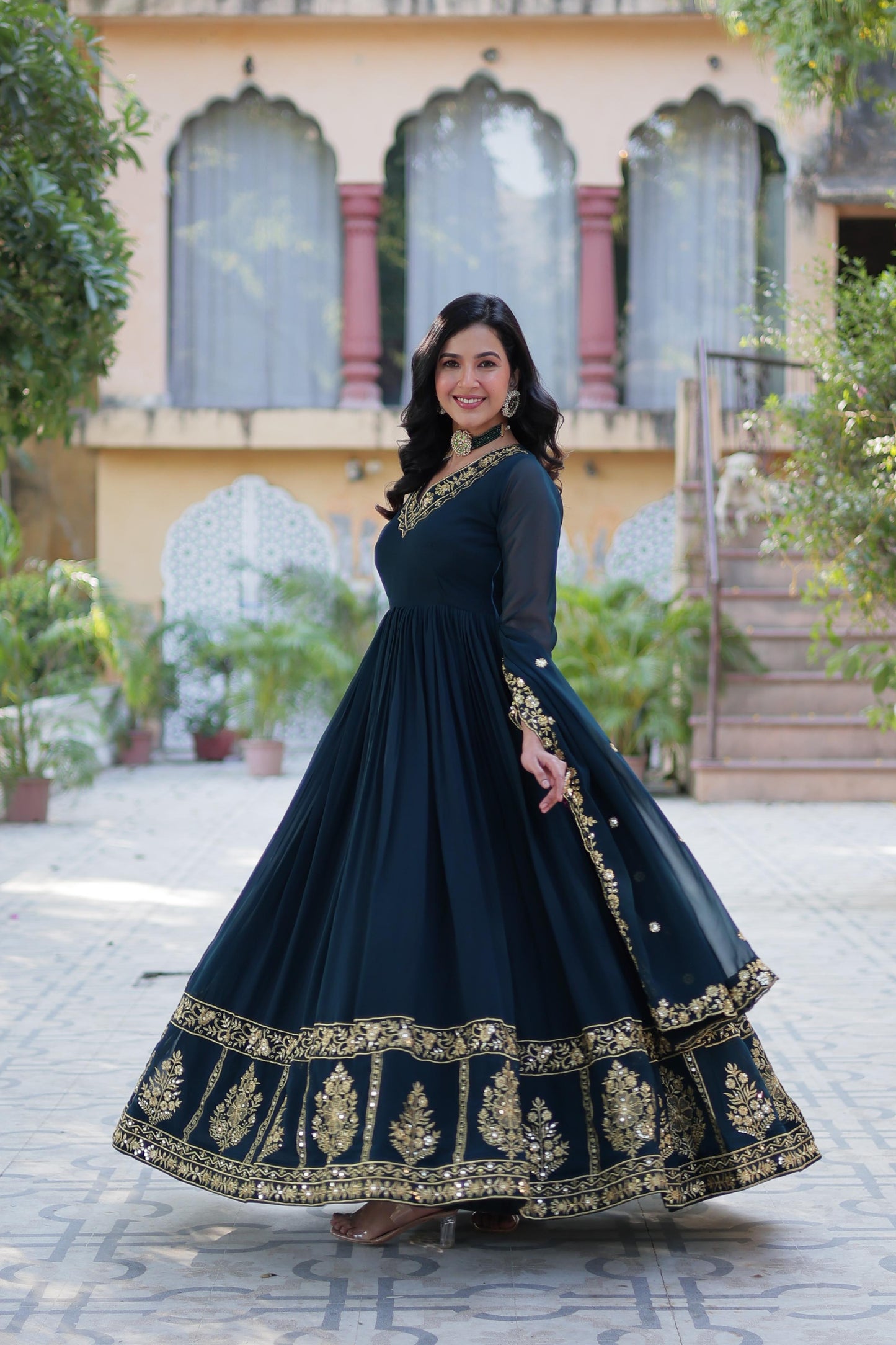 Teal blue color georgette long gown with dupatta price