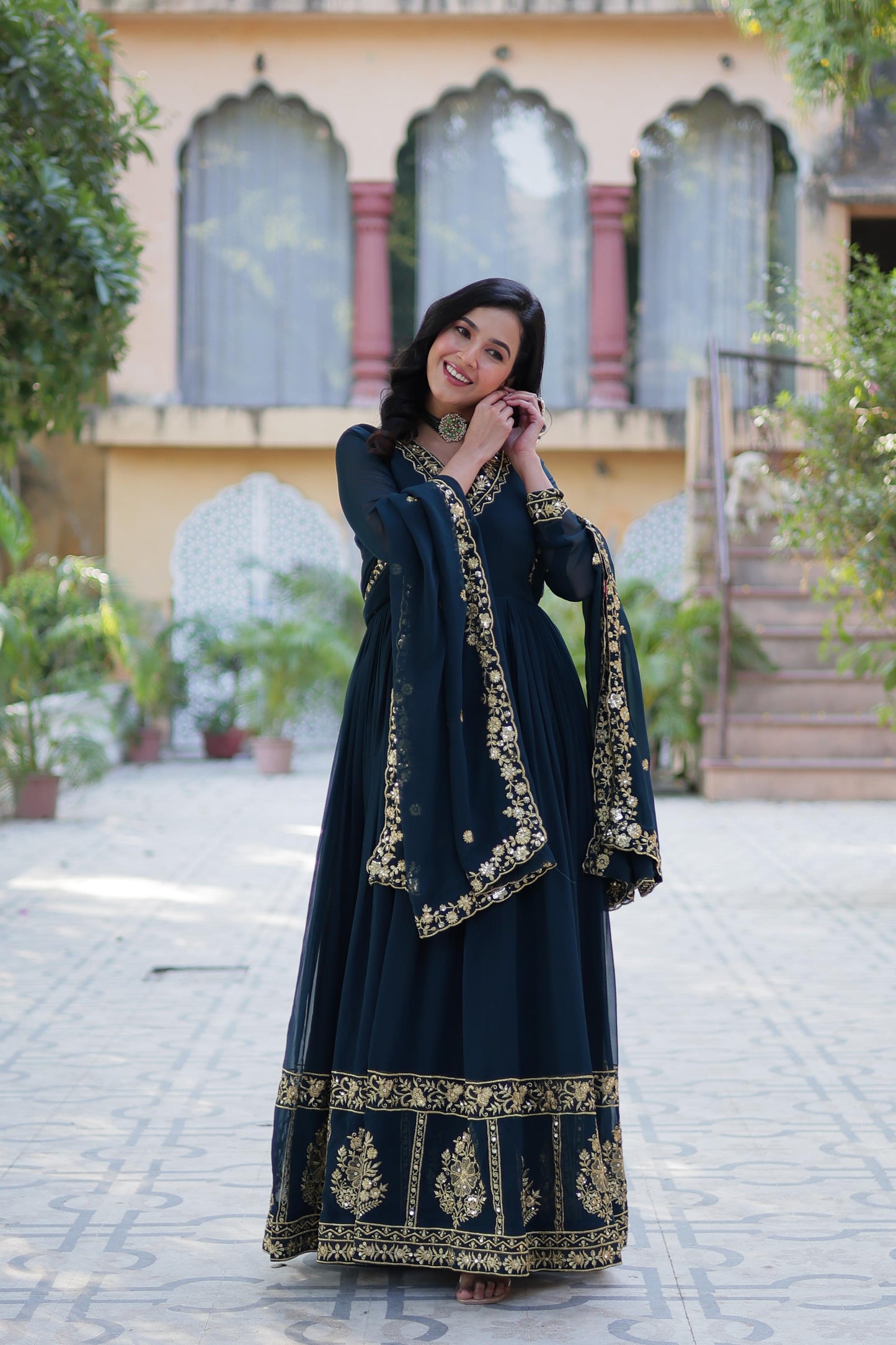 Teal blue color georgette long gown with dupatta online