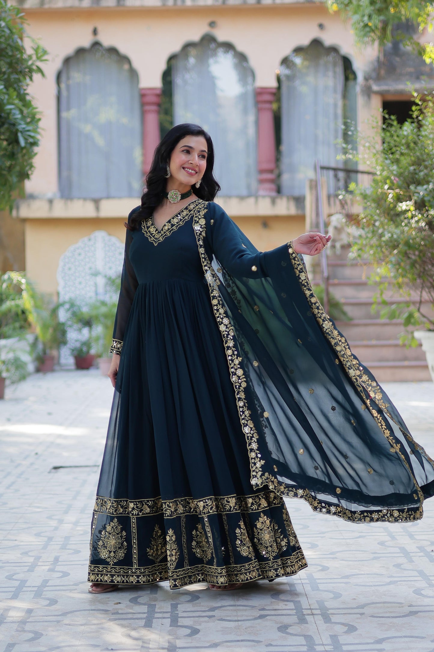 Teal blue color georgette long gown with dupatta online shopping