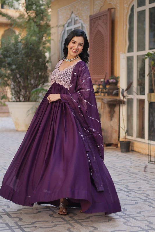 Wine color star georgette long gown for wedding