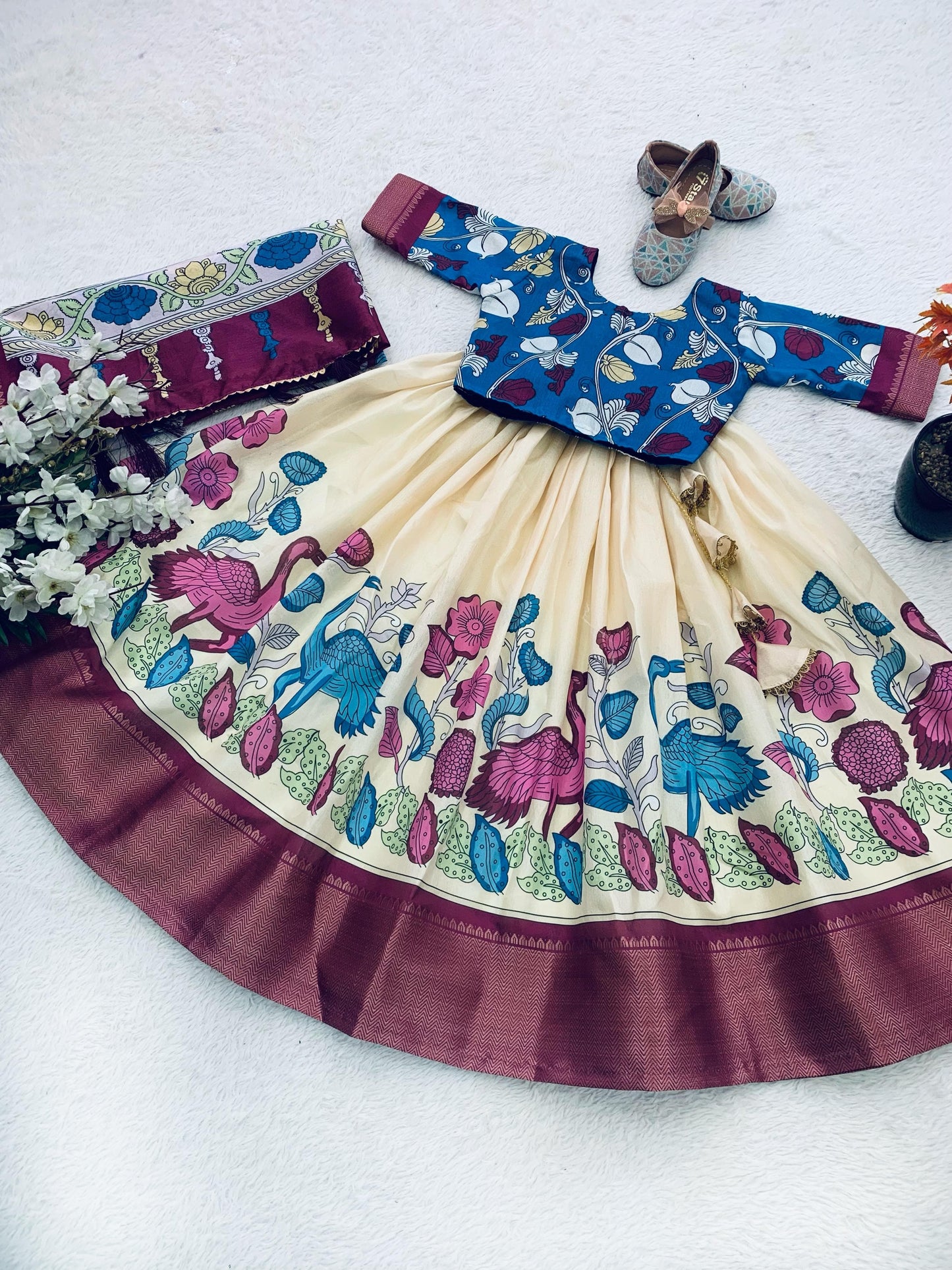 Cream color dola silk kalamkari printed lehenga choli design