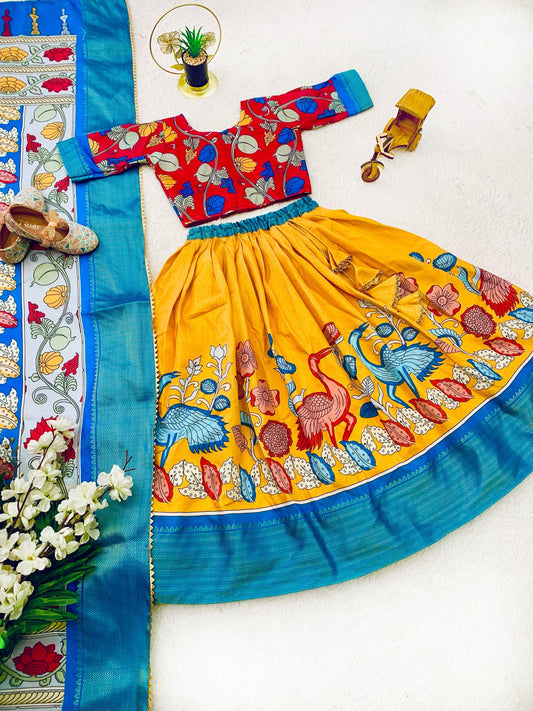 Green color dola silk kalamkari printed lehenga choli with dupatta online shopping