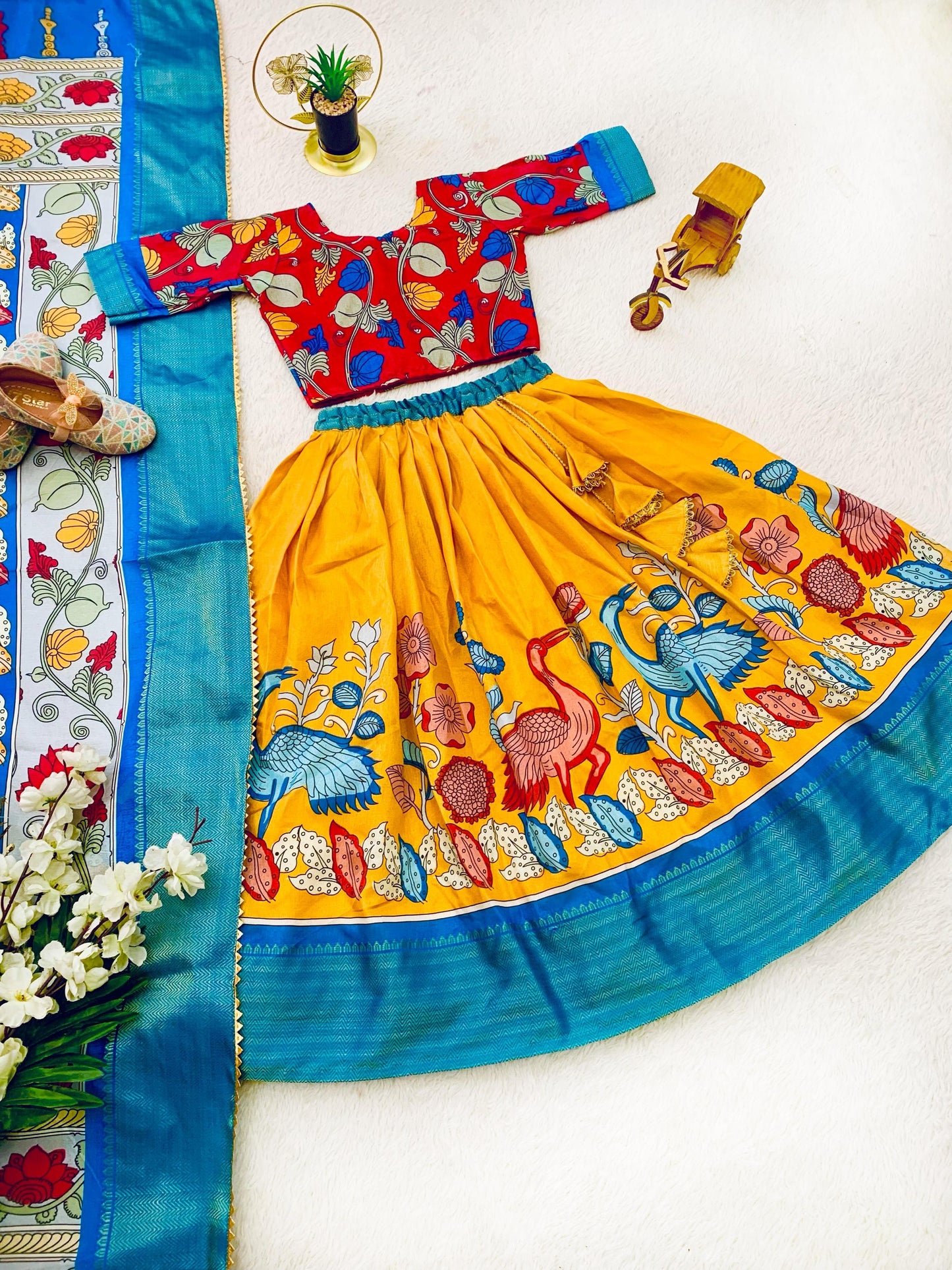 Green color dola silk kalamkari printed lehenga choli with dupatta for wedding