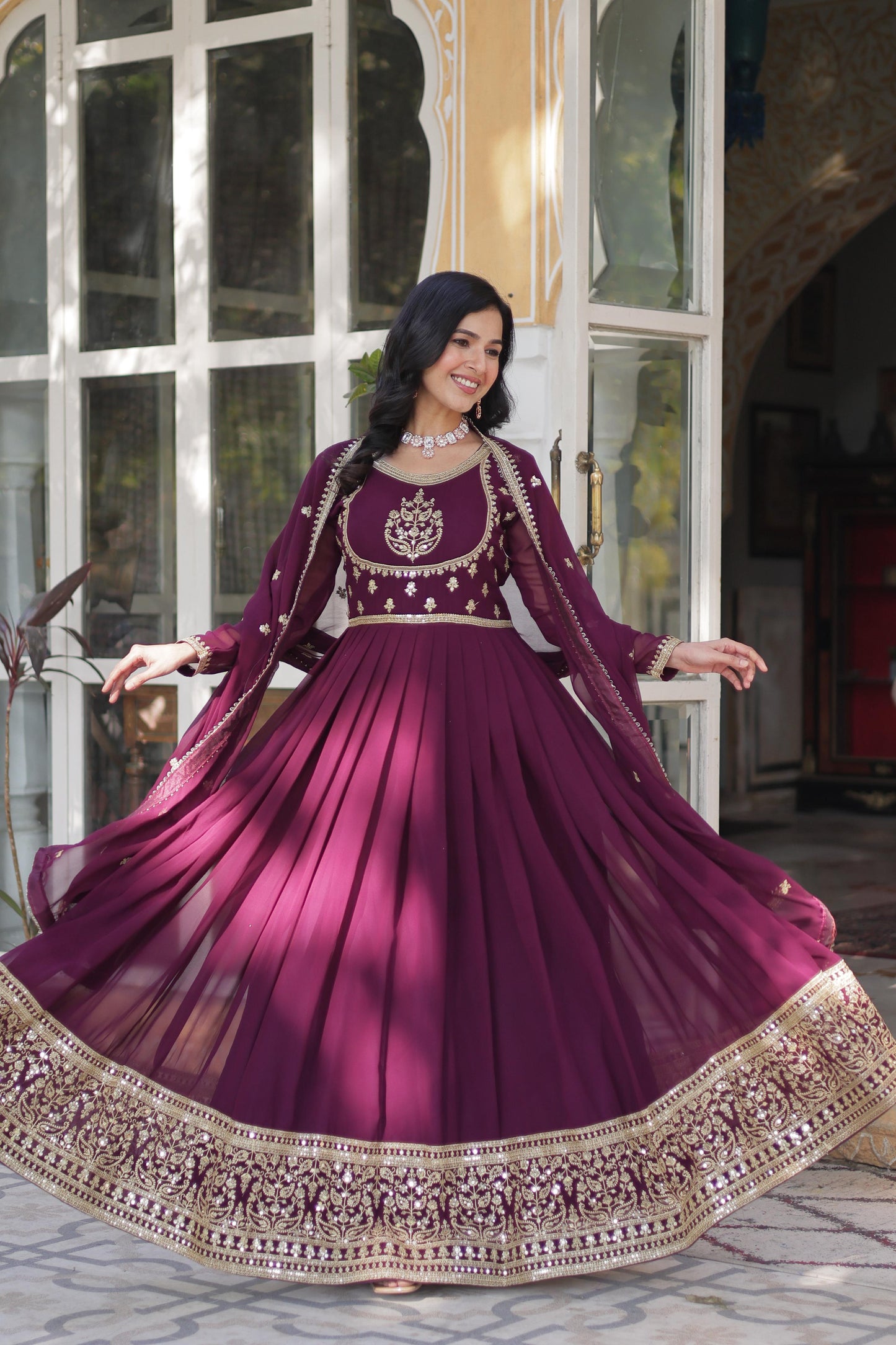 Wine color georgette long gown with dupatta for wedding