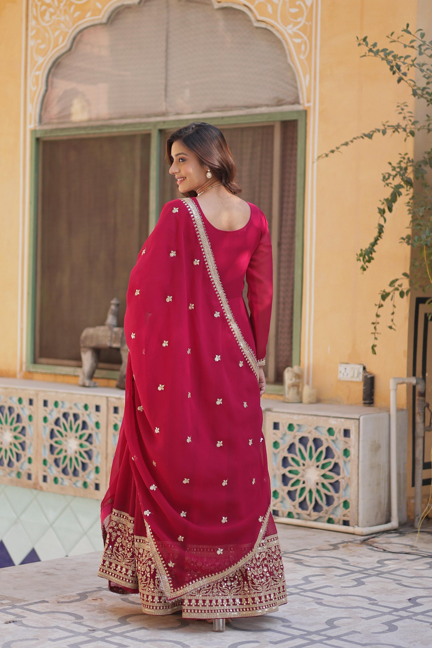 Pink color georgette long gown with dupatta online shopping