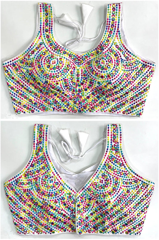 White color silk mirror work lehenga blouse for navratri