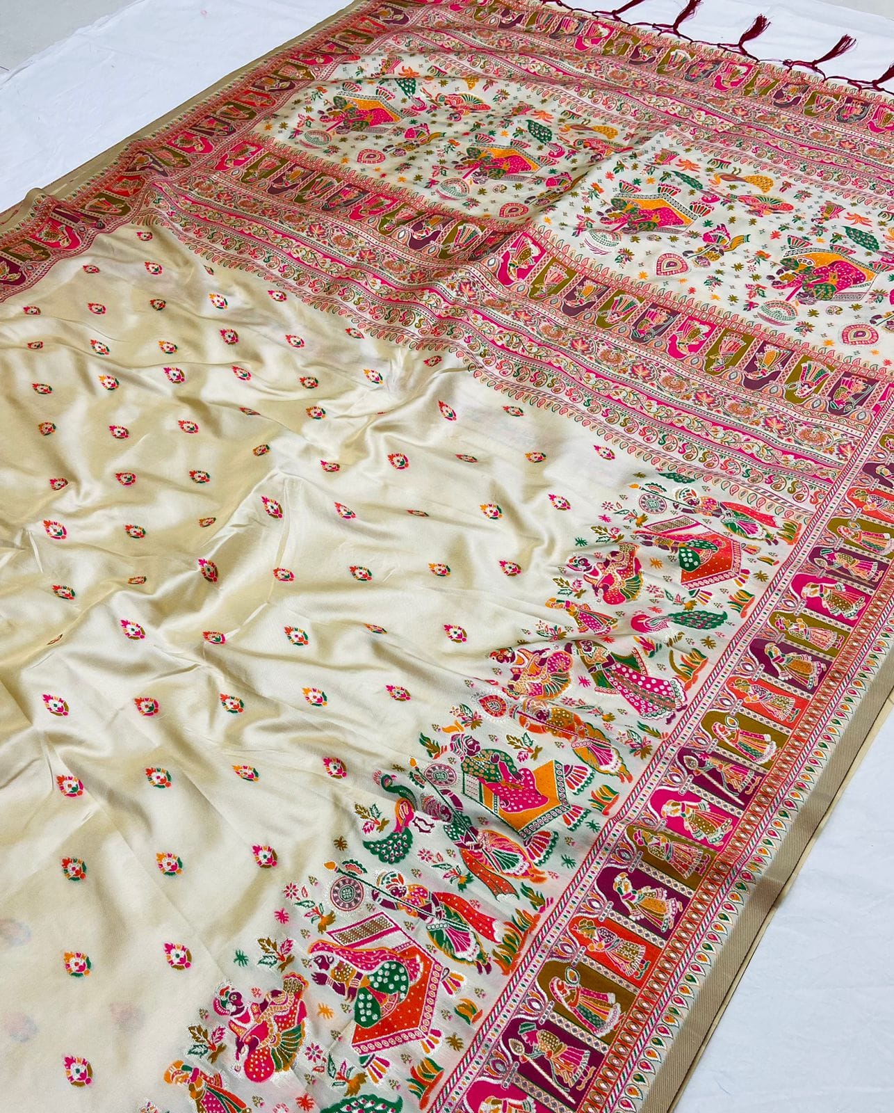 Cream color pashmina silk saree with blouse online shopping