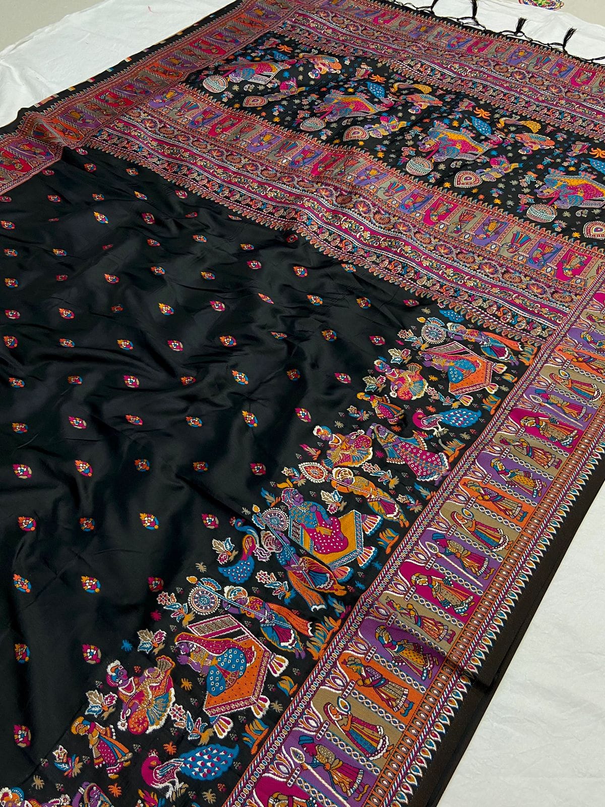 Black color pashmina silk saree with blouse images