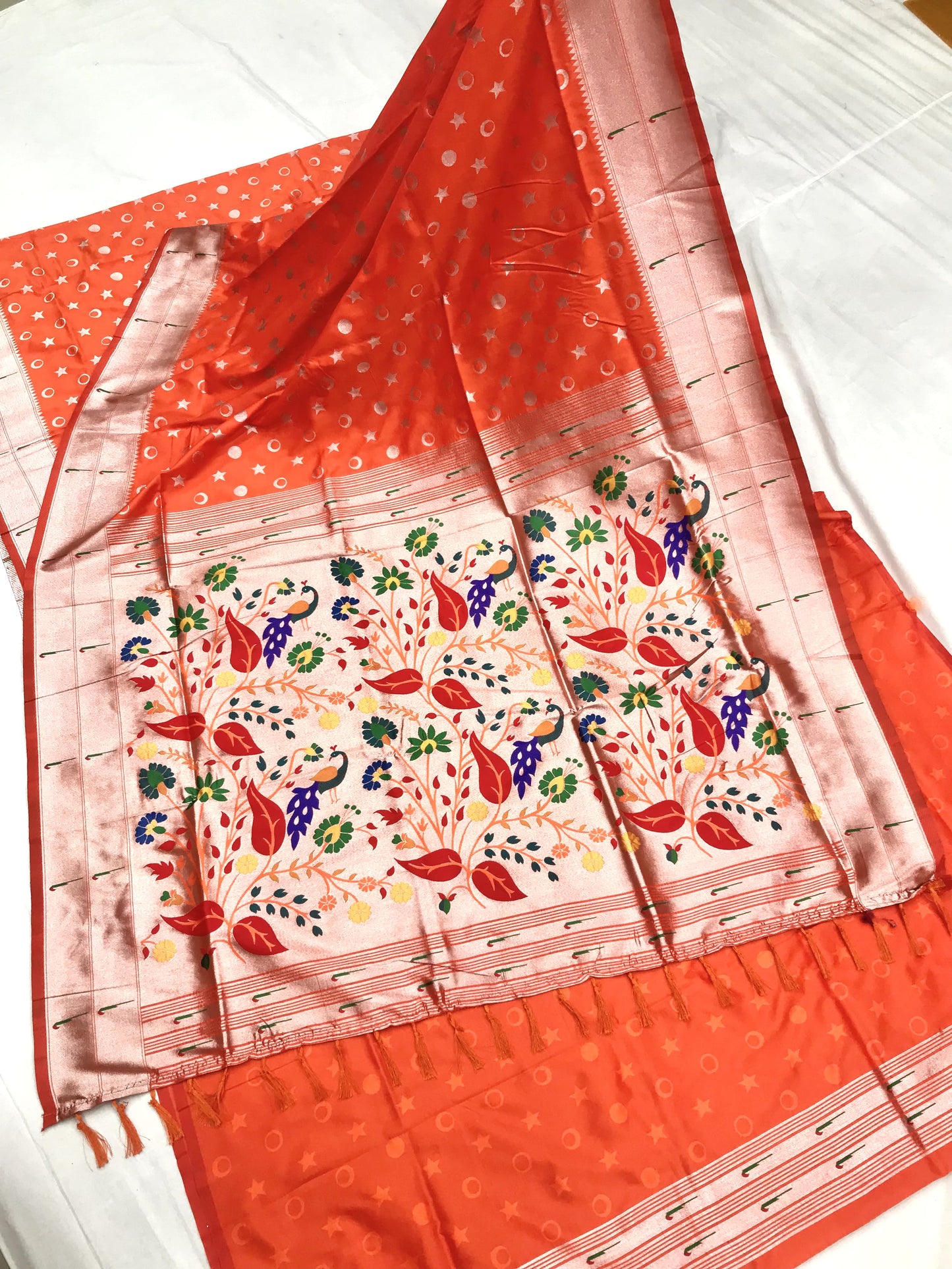 Orange color paithani silk saree for women