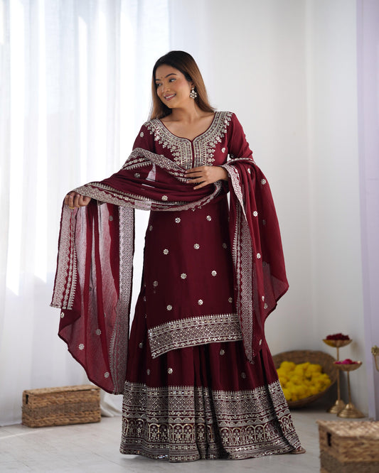 Maroon color chinon silk sharara suit with dupatta online shopping