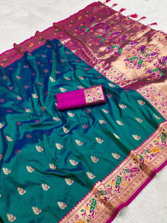 Teal color paithani silk saree with blouse